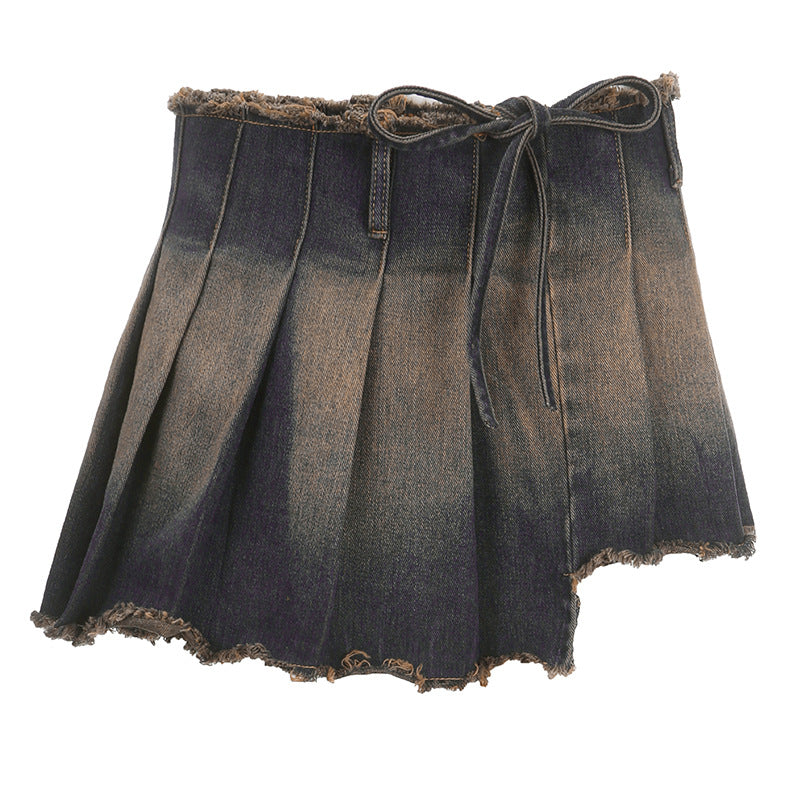 Street Retro Washed Tie Dyed Irregular Asymmetric One Piece High Waist Lace up Pleated Skirt Sexy Miniskirt
