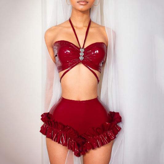 Sexy Love Halter Wrapped Chest Faux Leather High Waist Shorts Suit