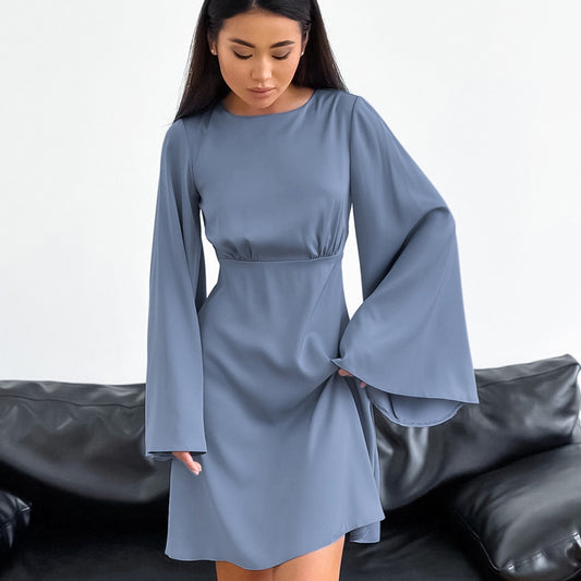 Blue Satin Matte Artificial Silk Bell Sleeve Casual Dress Autumn for Women