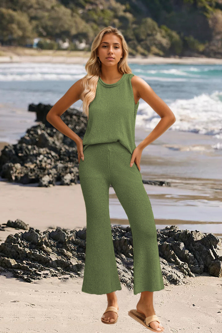 Spring Summer Solid Color Knitted Casual Women Suit Simple Vest Pullover Two Piece Set Women