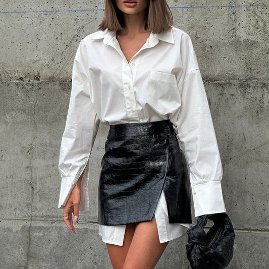 Women Clothing Spring Wear a Set of Simple Loose White Shirt Waist Seal Skirt Outfit