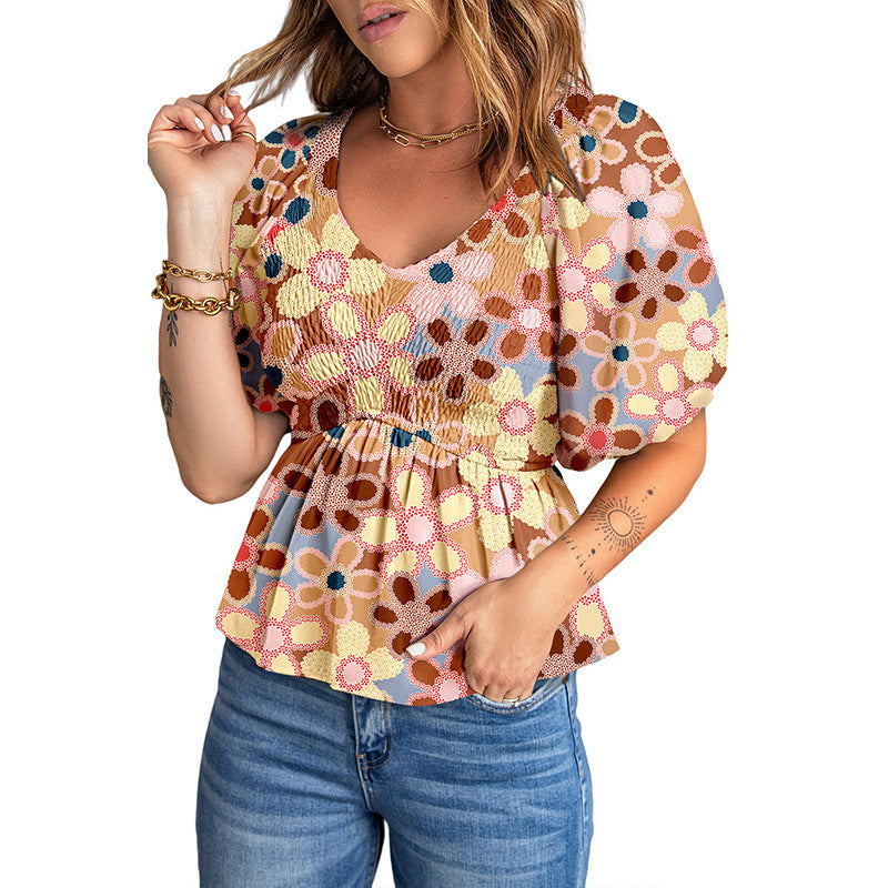 Summer Bohemian Chiffon Shirt Women Waist Slimming Floral Printed Pullover Women