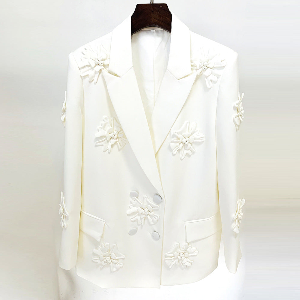 Double Breasted Heavy Industry Three-Dimensional Floral Decorative 3D Rose Blazer