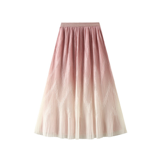 Double Sided Wear Gradient Color Mesh Skirt Women Spring Mid Length High Waist Slimming Pleated Skirt