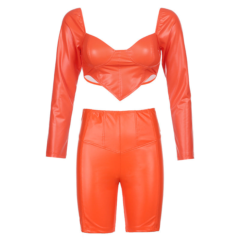 Sexy Women Wear Orange Irregular Asymmetric Cropped Outfit Top Faux Leather Shorts Suit for Women