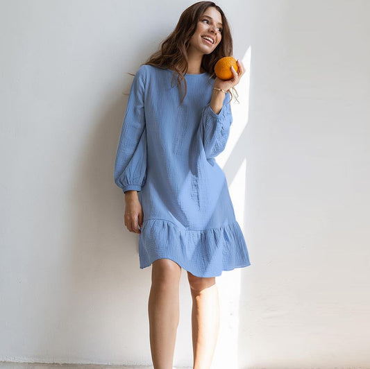 Autumn Winter Blue Color Cotton Long Sleeved Nightdress Comfortable Ladies Homewear