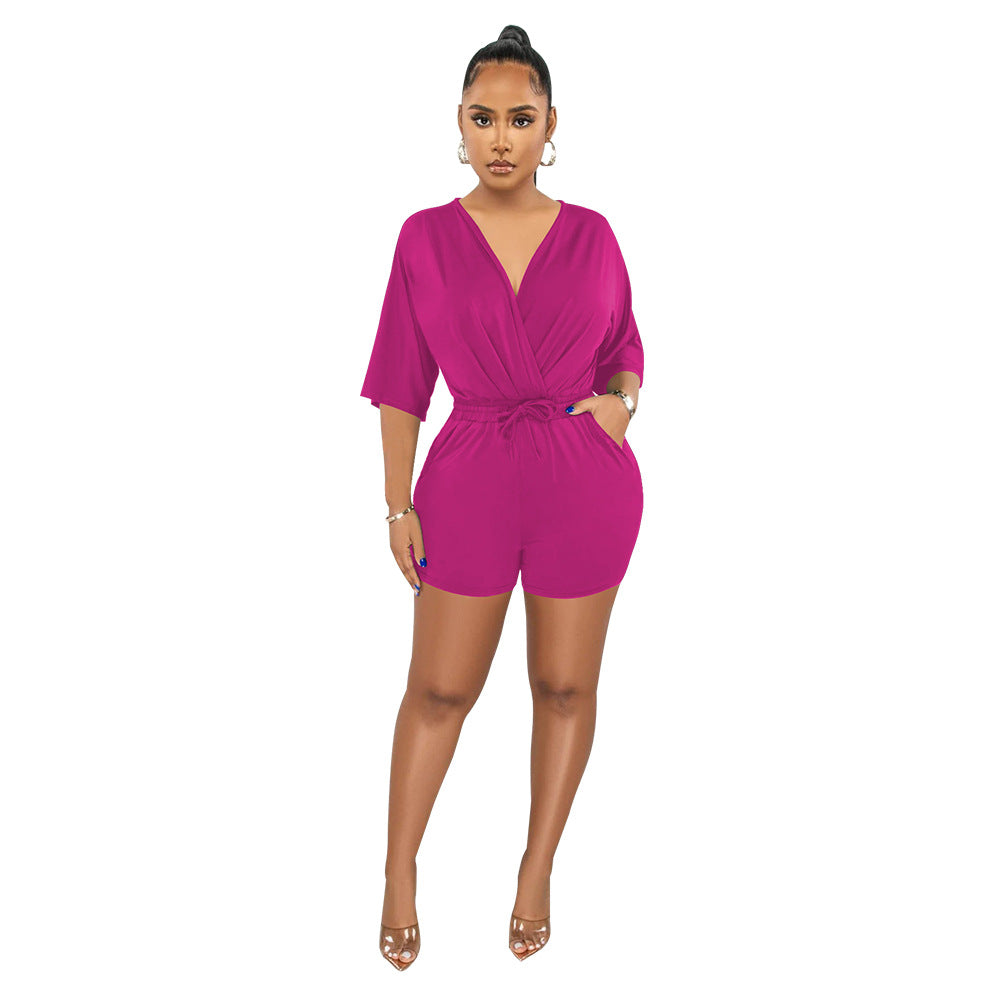 Women Solid Color V Neck Fitted Waist Jumpsuit Casual Shorts