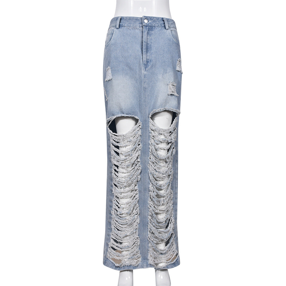 Women Streetwear Top Product Personalized Denim Wash Pocket Slit Tassel Skirt for Women