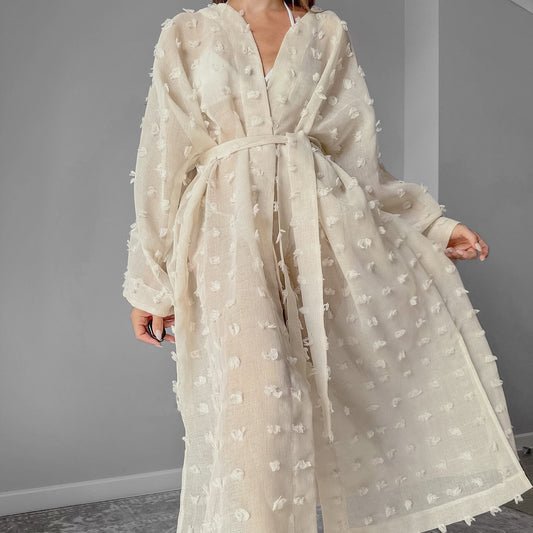Mesh Jacquard Solid Color Pajamas Lace Up Breathable Nightgown Bathrobe Spring Light Luxury Home Wear Women