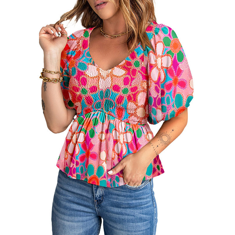 Summer Bohemian Chiffon Shirt Women Waist Slimming Floral Printed Pullover Women