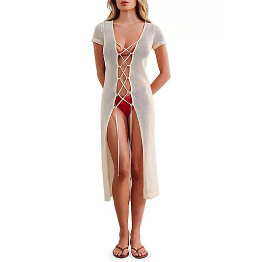Summer Beach Dress Women Solid Color Sexy Hollow Out Cutout Beach Bikini Swimsuit Cover up Sun Protection Clothing