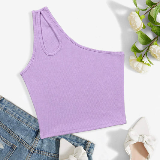 Summer Arrival Women Clothing Hollow out One Shoulder Sleeveless Top Rib Short Vest