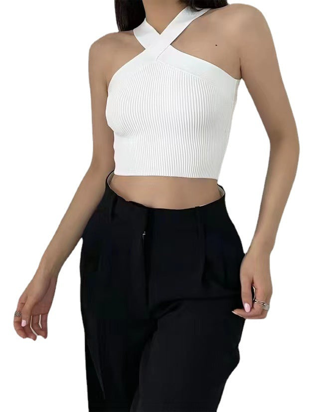 Women Clothing Cross-Halterneck Knitted Short Outer Wear Sling Small Tank Top