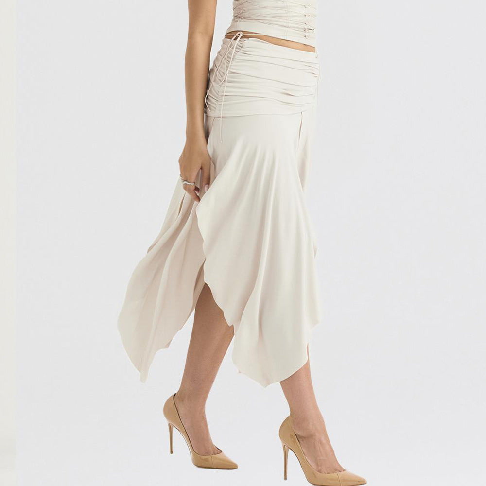 Women Wear Double Layer Satin Pleated High Waist Irregular Asymmetric Slit Skirt