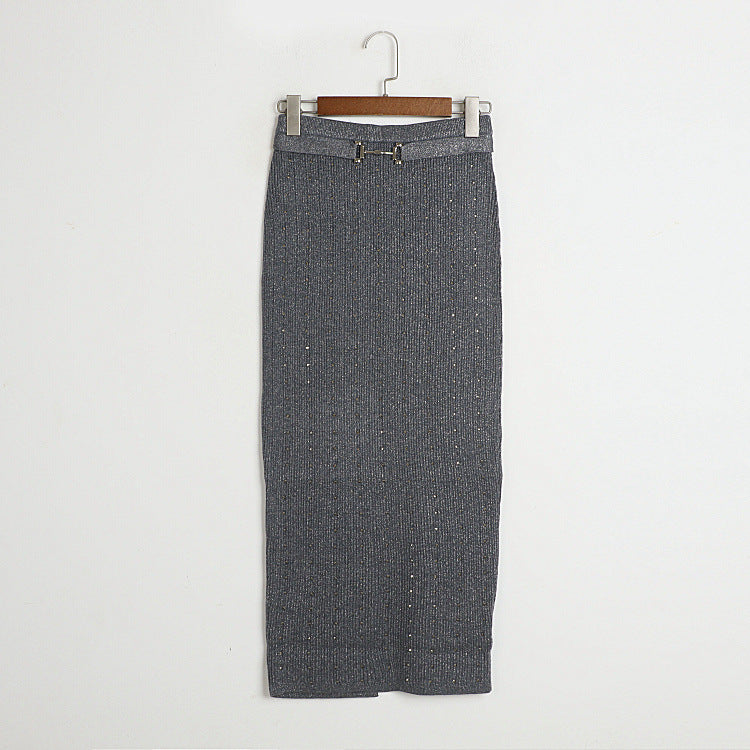 Two Piece Set Autumn Rhinestone Short V neck Slim Sweater Slit Midi Skirt Set for Women