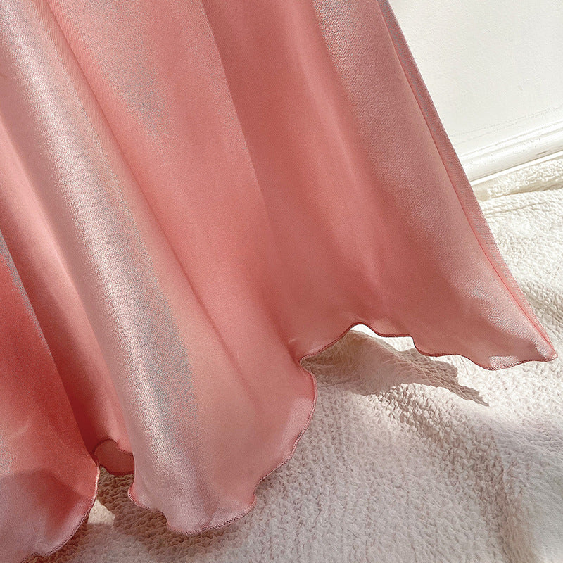 Spring Summer Inner Strap Dress Artificial Silk Mid Length Sexy Backless Home Dress Simple Strap Pink Nightdress