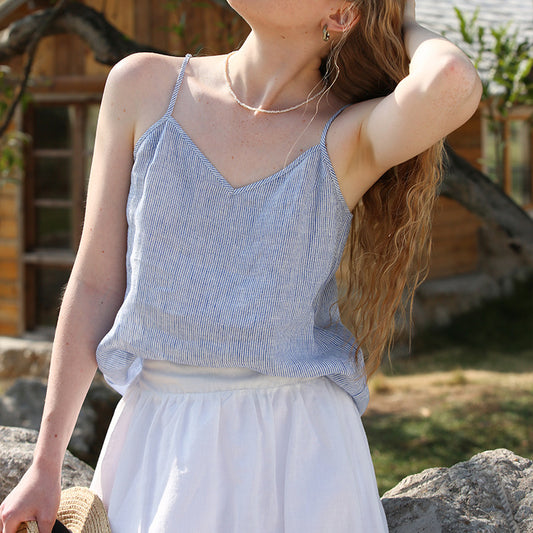 Pure Linen Camisole French Laziness Sky Blue Striped Vest Women Summer V neck Loose Sleeveless Top
