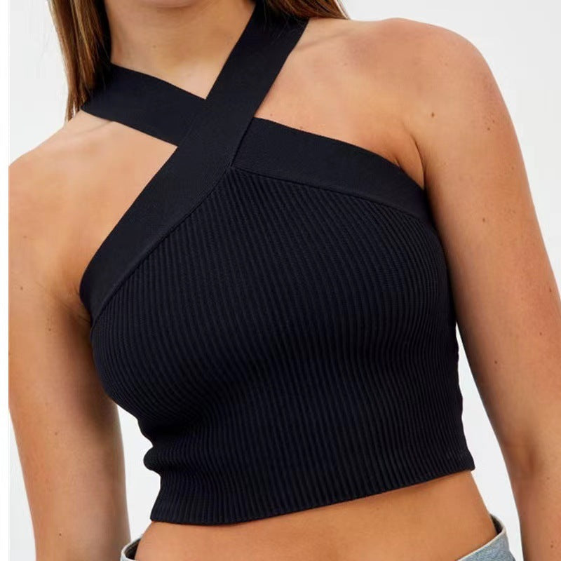 Women Clothing Cross-Halterneck Knitted Short Outer Wear Sling Small Tank Top