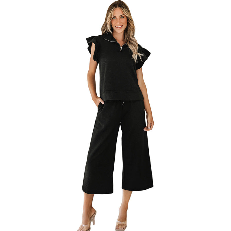 Summer Ruffled Three Quarter Sleeve Cropped Pants Two Piece Set for Women Casual Set Women