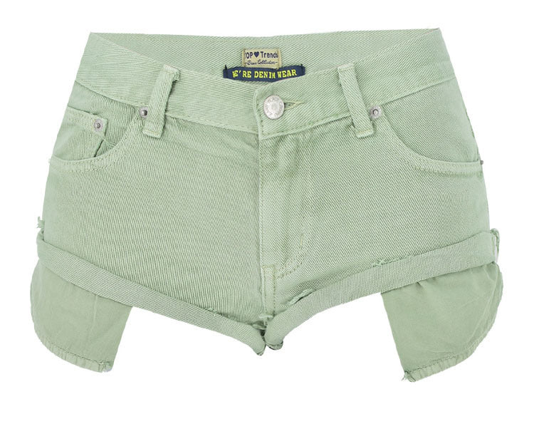 Women Clothing Sexy Denim Shorts Mustard Green Vacation Loose Non Elastic Curling Exposure Pocket Beach Pants