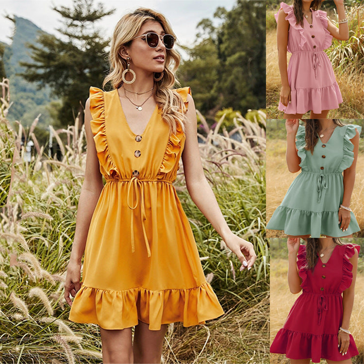 Summer Yellow V-neck Flounce Bubble Lace-up Dress for Women