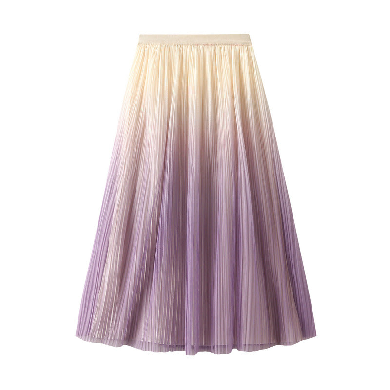 Women Elegant Graceful Gradient Color Pleated Skirt Spring Summer Light Luxury High Waist A line Skirt