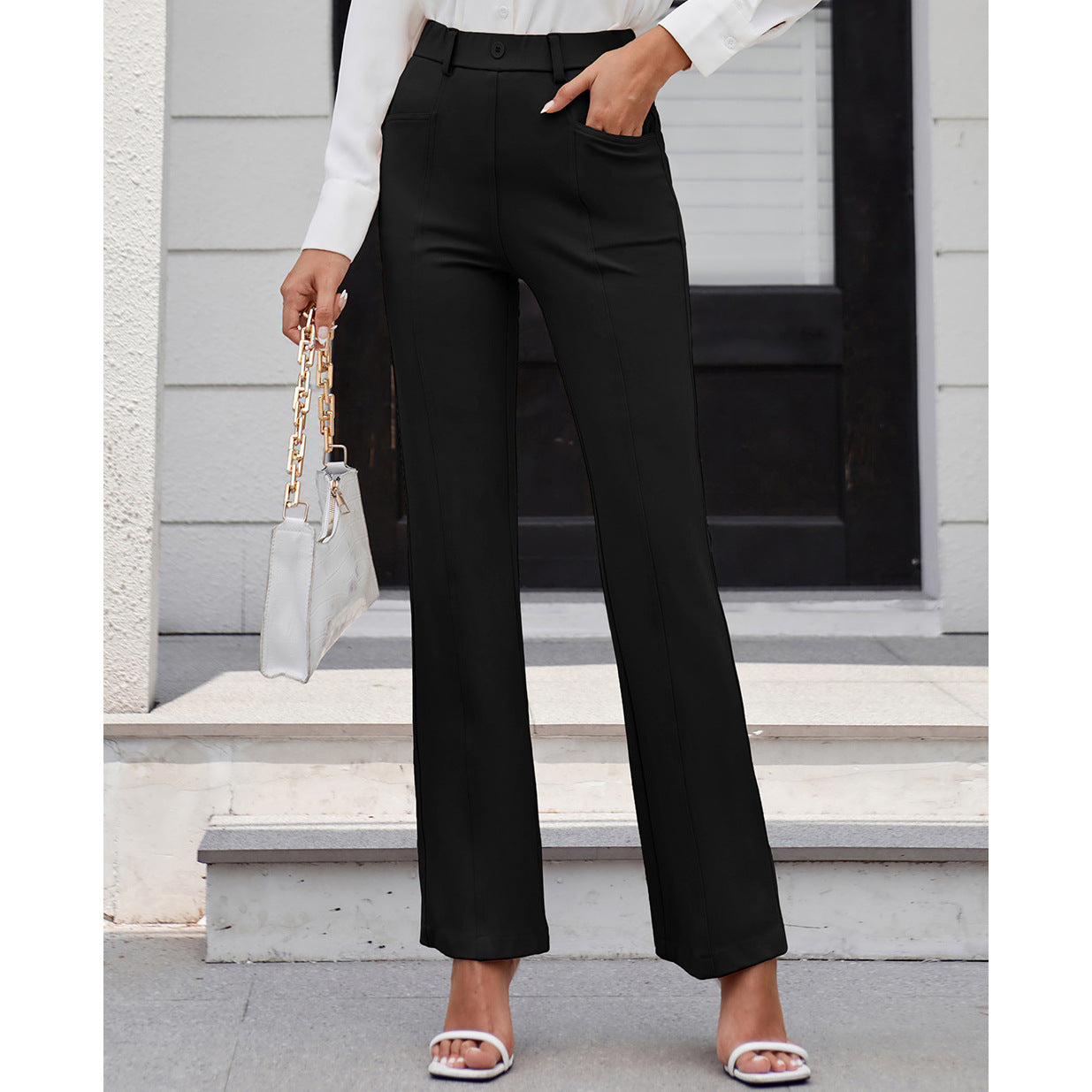 Women Clothing Solid Color Pocket Work Pant