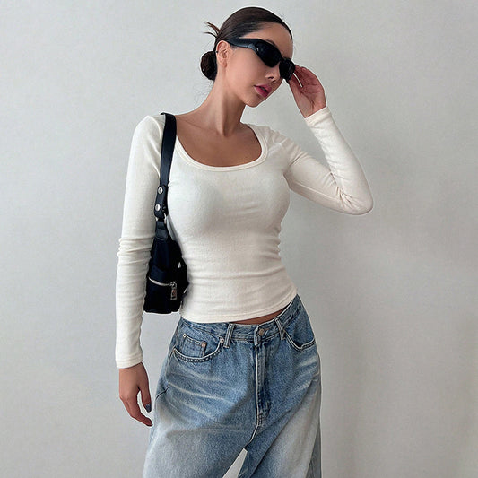 Women Clothing Winter Solid Color round Neck Long Sleeve Basic T shirt Top
