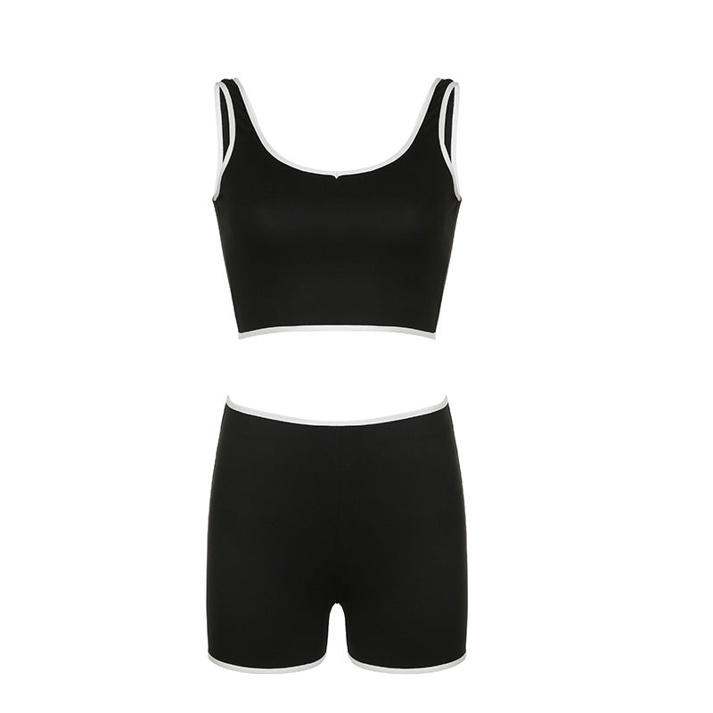 Sexy Street Cool Sports Contrast Color Binding Tape Stitching U Collar Slim Vest High Waist Tight Shorts Sets