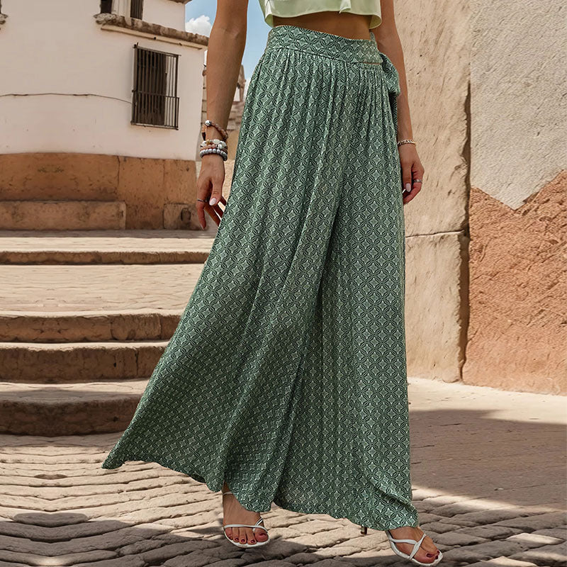 Summer Loose Wide Leg Pants Women Clothing Tied High Waist Casual Printed Trousers