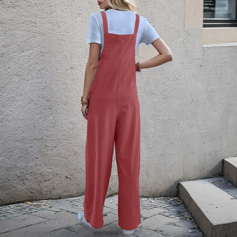 Summer Casual Suspender Trousers Women Clothing Pants Office Siamese Suspender Straight Leg Trousers