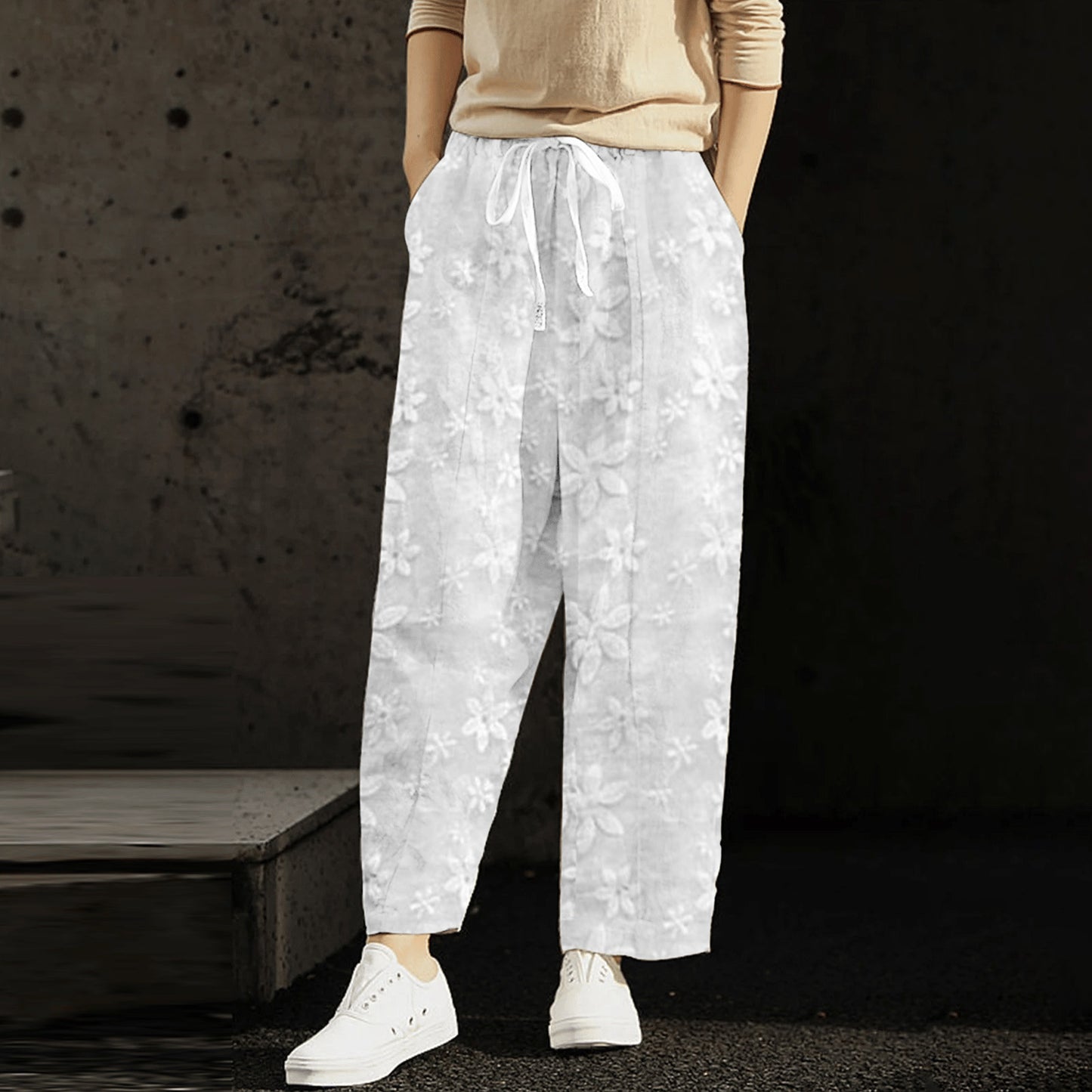 Summer Cotton Linen Embroidery Tie Neck Casual Women Pants Cropped Elastic Waist