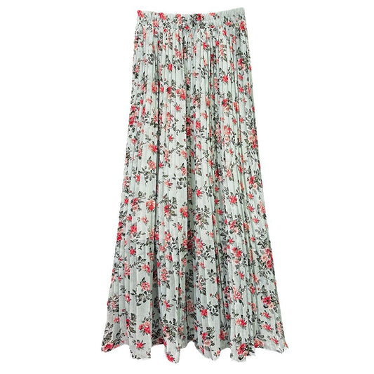 Chiffon Floral Skirt for Women Spring Summer High Grade Slimming Draping Mid Length Pleated A line Skirt