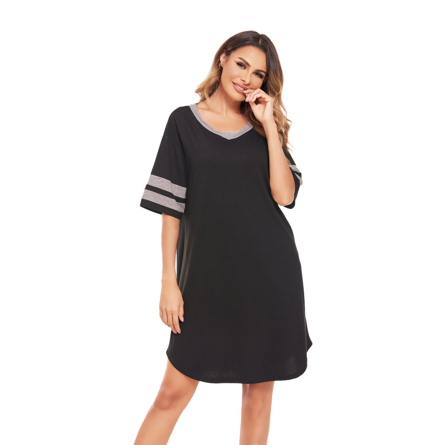 Spring Summer Women Clothing Dress Stitching Contrast Color Stripe Color Cotton Mid Length Nightdress