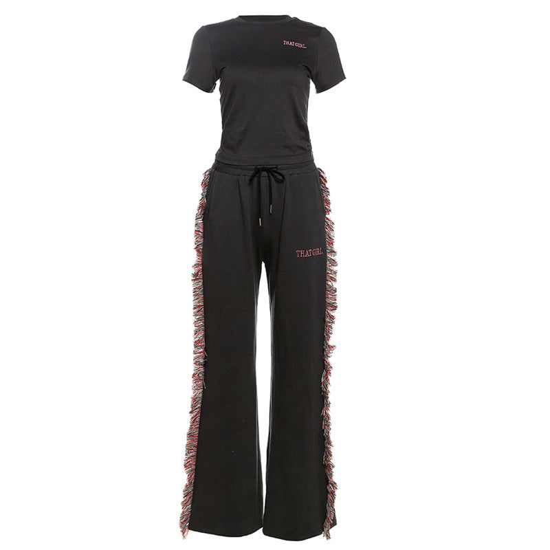 Spring Women round Neck Embroidered Short Sleeve shirt High Waist Colorful Tassel Casual Pants Sets