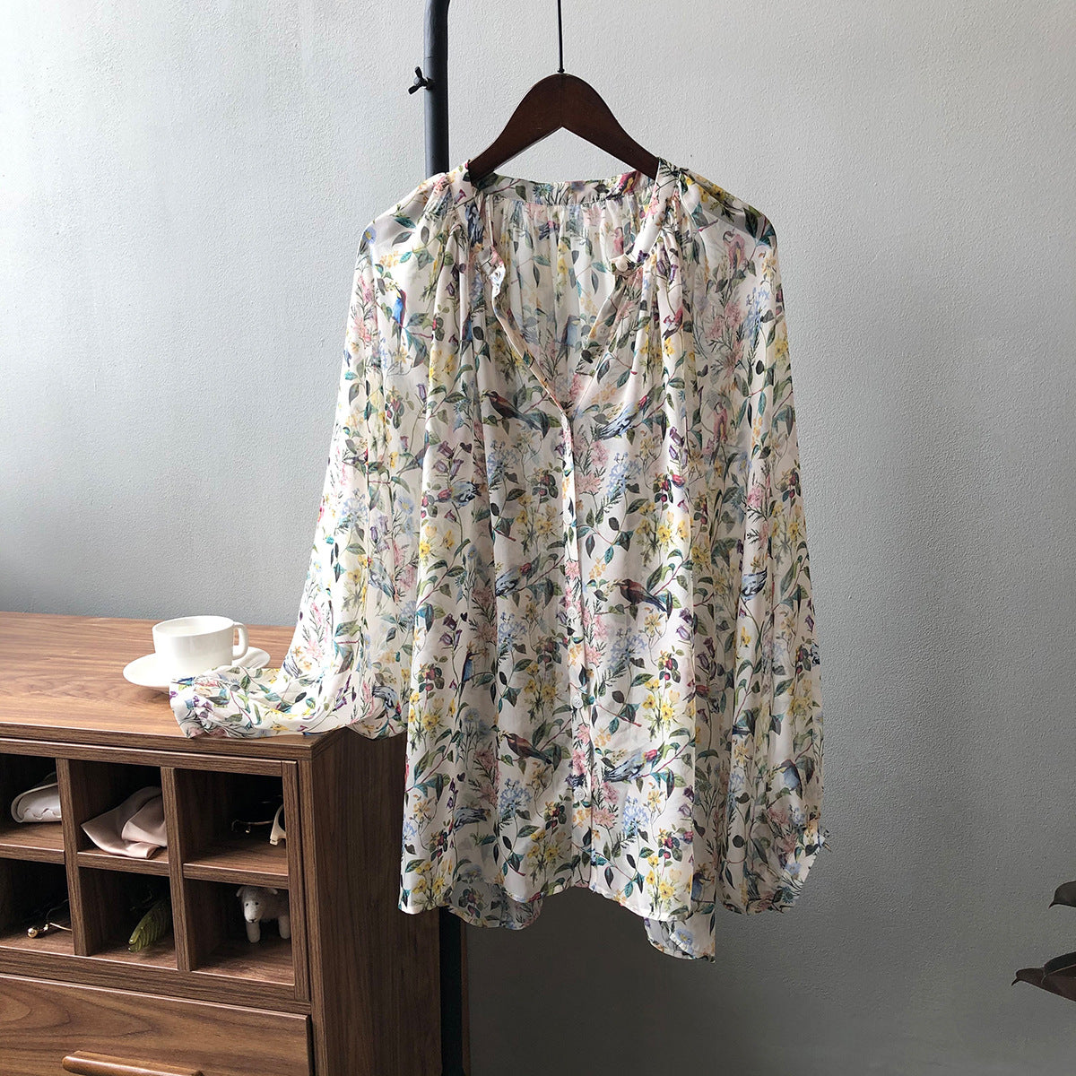 V Neck Chiffon Floral Shirt Women Spring Summer Thin Shirt Design Top