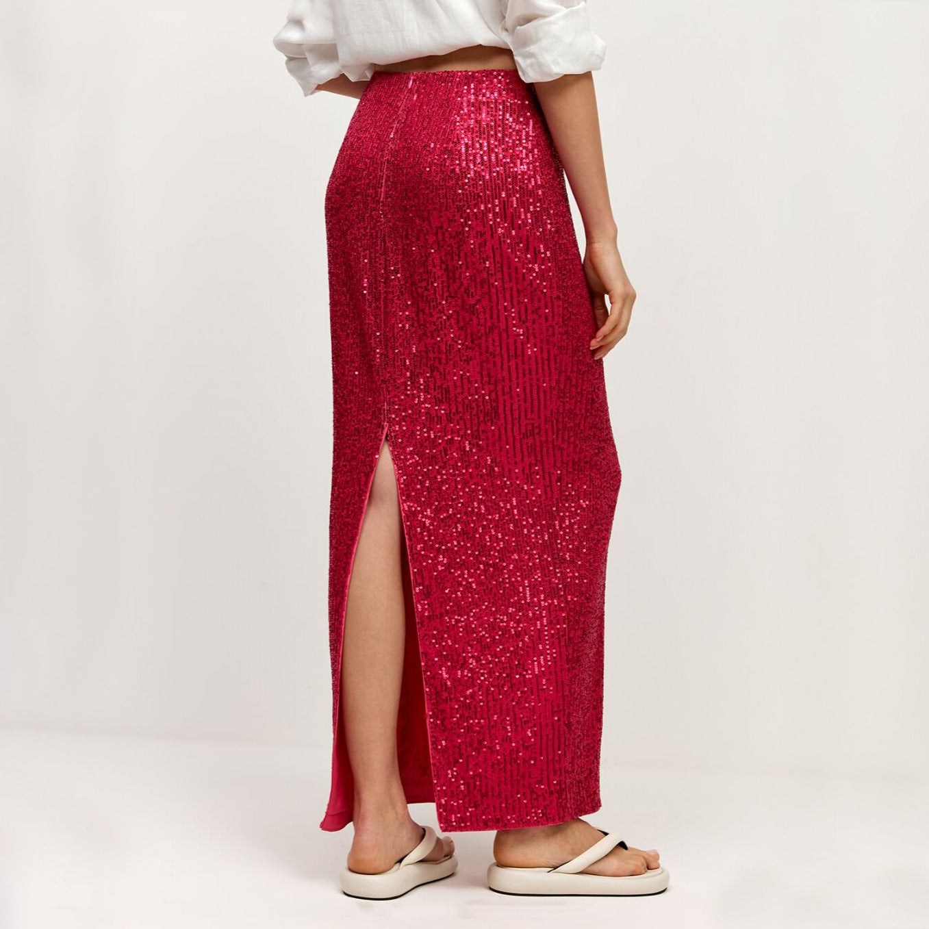 Women Clothing Solid Color Sequ Back Slit Casual Skirt