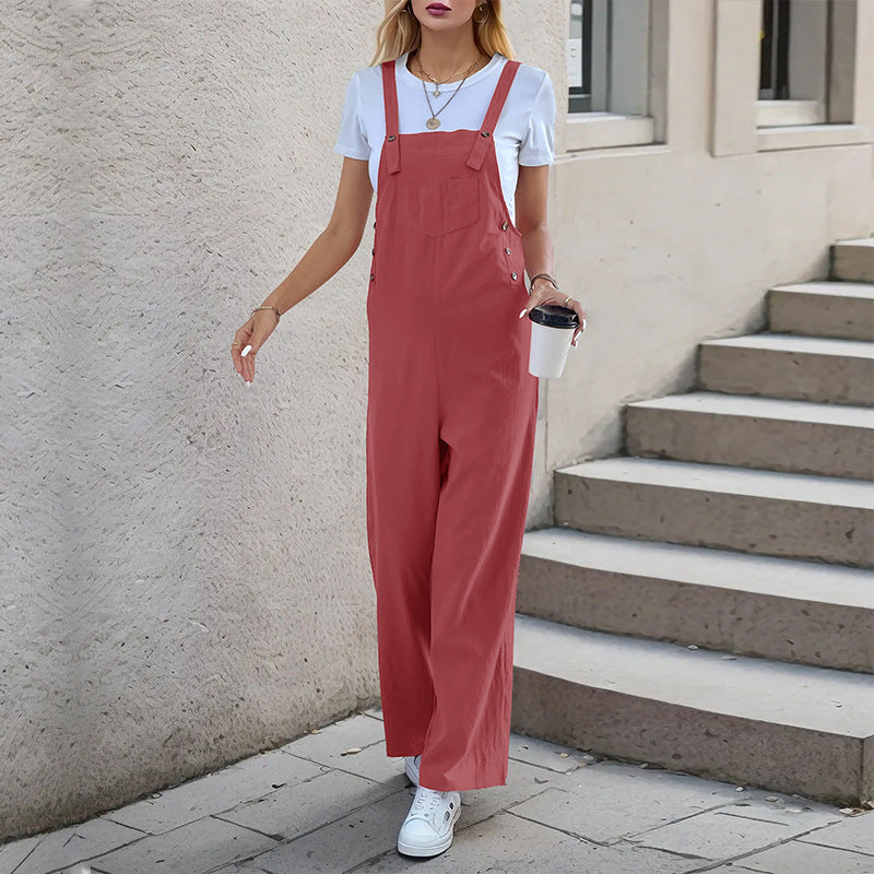 Summer Casual Suspender Trousers Women Clothing Pants Office Siamese Suspender Straight Leg Trousers