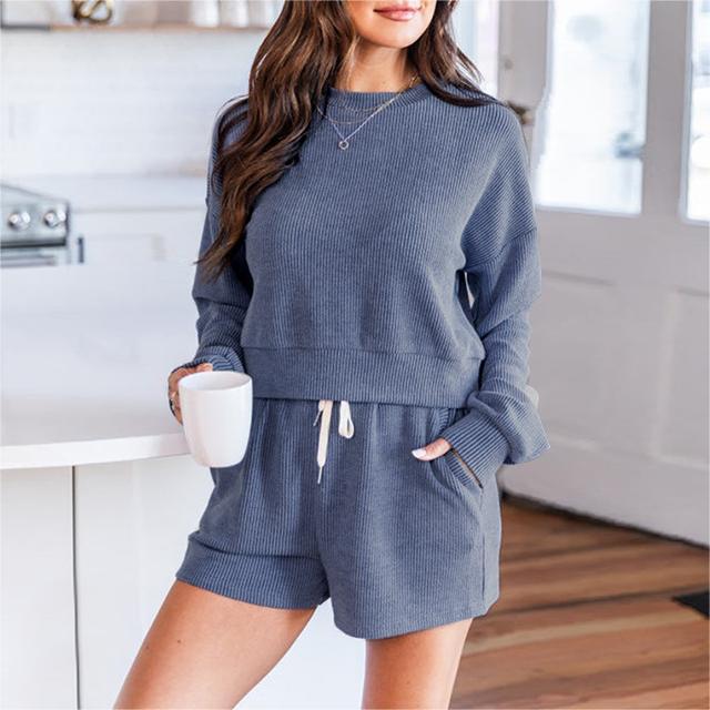 Autumn Winter Solid Color round Neck Pullover Long Sleeve Sweater Women Casual Shorts Suit