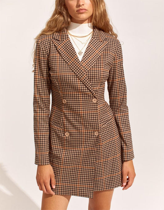 Women Wear Brushed Houndstooth Double Breasted Collared Long Sleeve Blazer Dresses