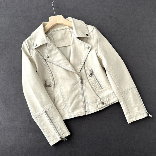 Spring Women Short Slim Fit Motorcycle Faux Leather Washed Leather Jacket Collared Coat