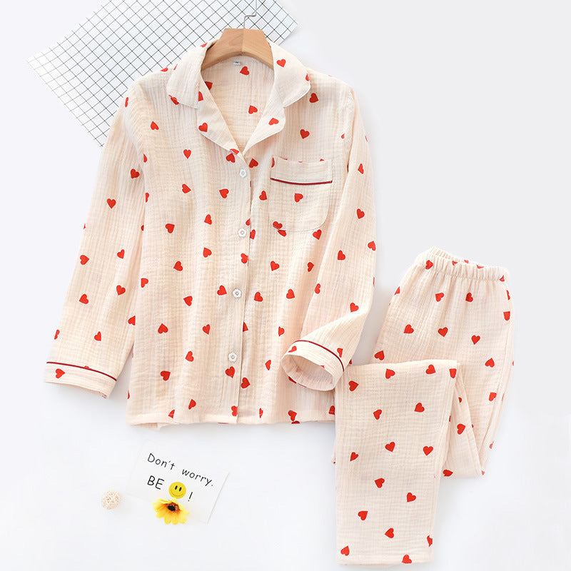 Women Cotton Crepe Pajamas Set Spring Autumn Thin Double-Layer Gauze Long-Sleeved Trousers Collared Soft Homewear