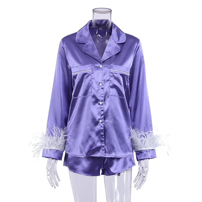 Fall Christmas Artificial Silk Blue Feather Detachable Long Sleeve Shorts Pajamas Women French Homewear