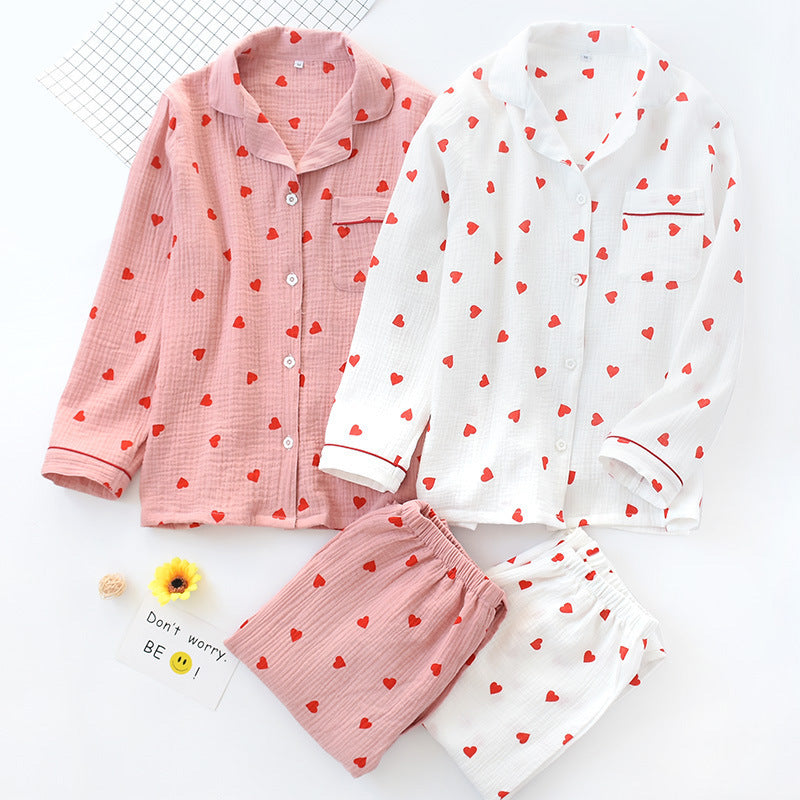 Women Cotton Crepe Pajamas Set Spring Autumn Thin Double-Layer Gauze Long-Sleeved Trousers Collared Soft Homewear