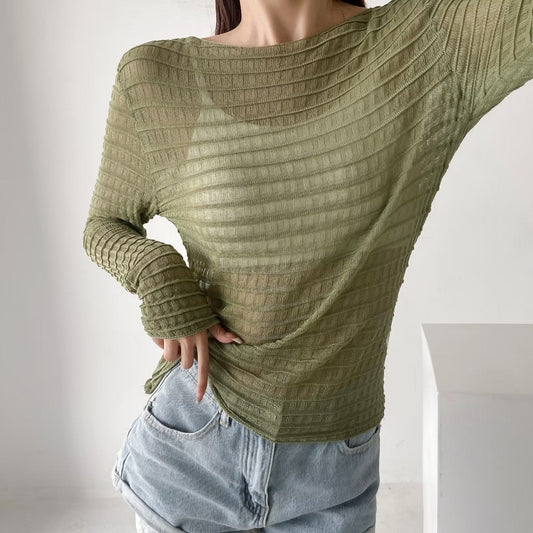 Women Clothing Autumn Simple Long Sleeve Tight Translucent Texture Sweater