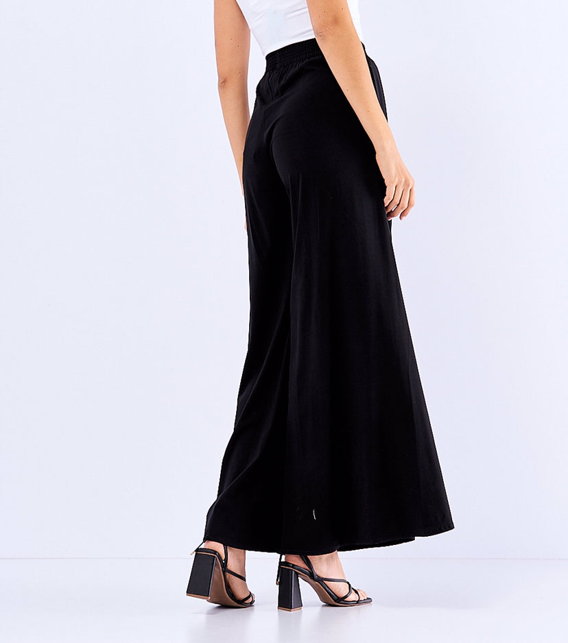 Spring Summer Elastic High Waist Solid Color Cotton Side Pocket Wide Leg Trousers Women Casual Loose Swing Pants