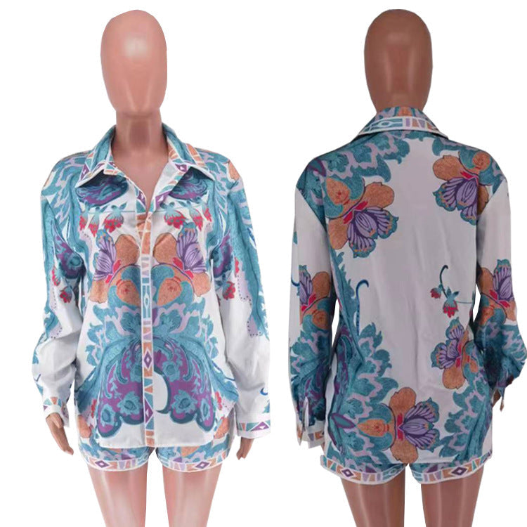 Women Clothing Printed Long Sleeve Shorts Casual Suit