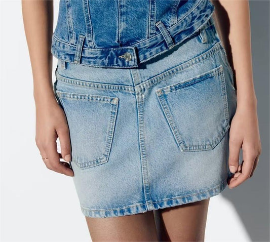 Women Summer Pocket Denim Mini Skirt