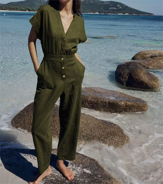 Summer Army Green Long Jumpsuit V Neck Decorated Row Button Waist Trimming Short Sleeved Jumpsuit