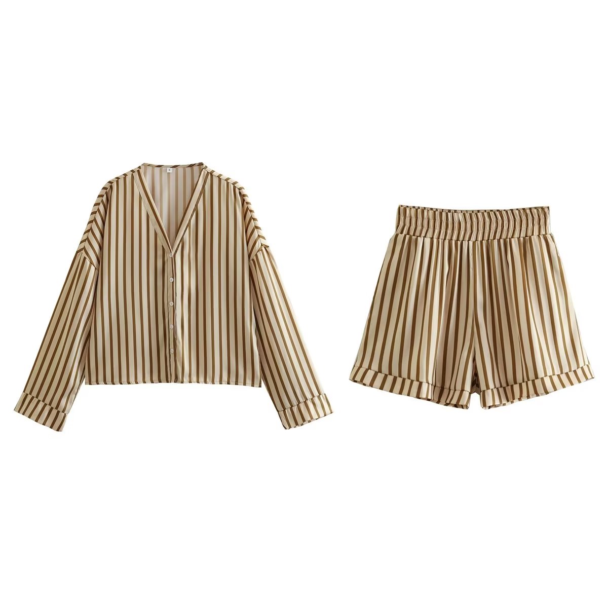 Spring Women Clothing Beige Stripes Top Short Two Piece Set